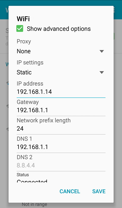 Android WiFi settings showing gateway IP address