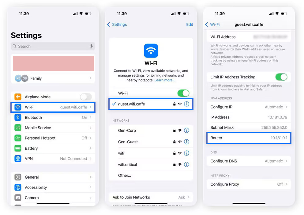 iOS WiFi settings showing router IP address
