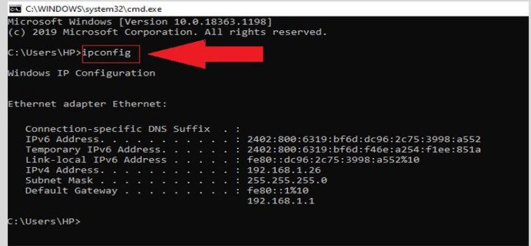 Windows Command Prompt showing ipconfig results with Default Gateway highlighted