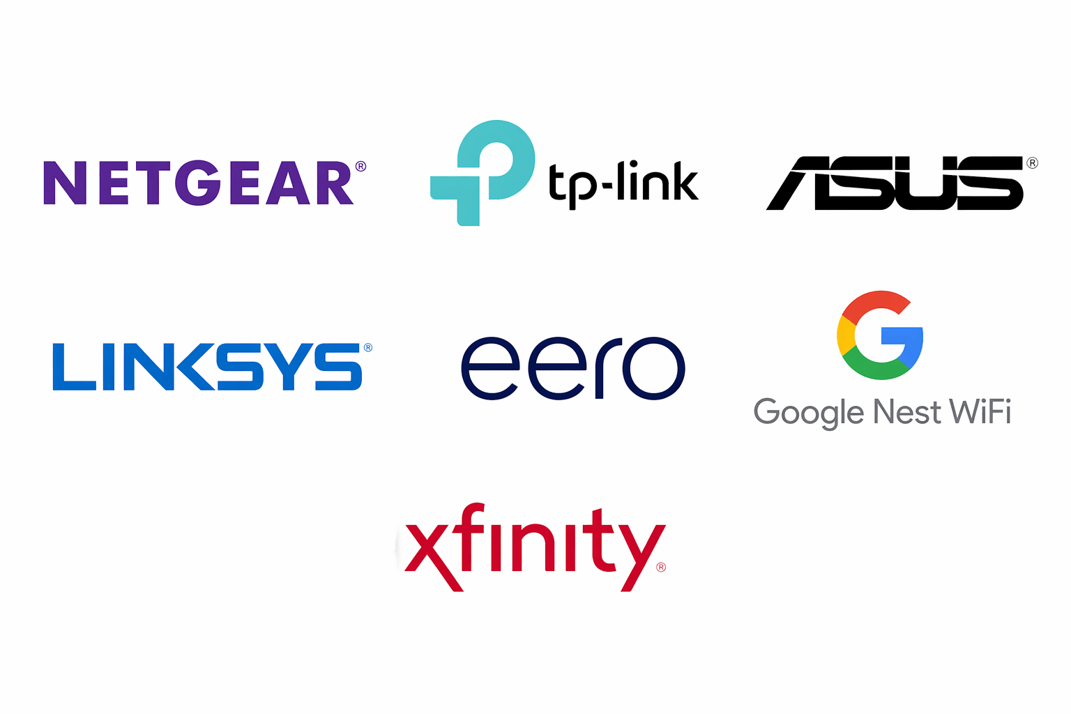 Logos of Netgear, TP-Link, ASUS, Linksys, eero, Google Nest WiFi, and Xfinity router brands
