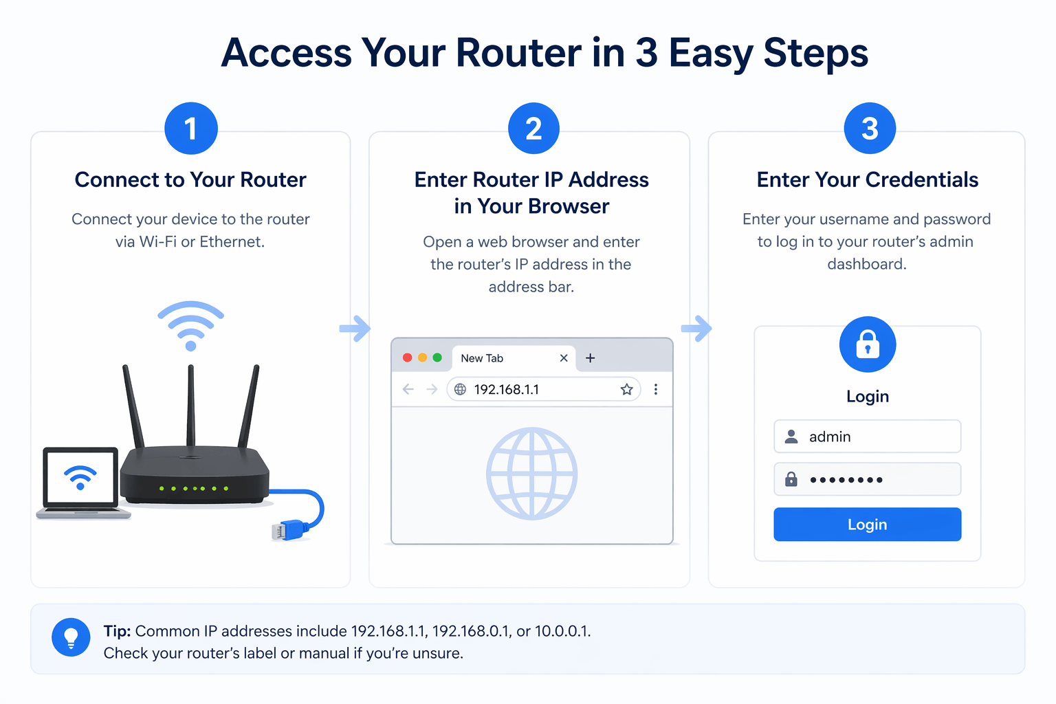 Three step diagram showing connect to router, enter IP address in browser, and type credentials